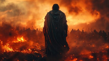 Fototapeta premium A dramatic scene of a lone warrior, silhouetted against a fiery sunset, standing his ground against a horde of attacking enemies.