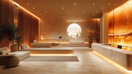 A modern, minimalist reception area with warm lighting and soft, comfortable furnishings.