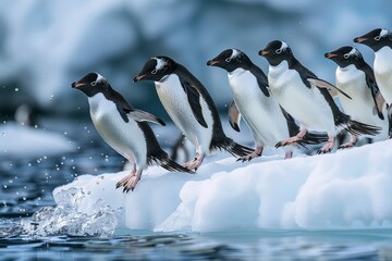 Obraz premium Adelie penguins jumping off an ice floe into the South Ocean, captured in high resolution with natural lighting and a wide-angle shot, showcasing a hyper-realistic scene with natural colors.