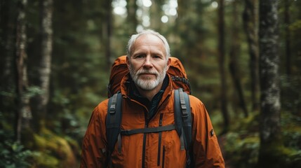 Embracing Nature: Middle-Aged Caucasian Man Hiking in Forest, Signifying Mental Health Healing and Inter-Generational Resilience