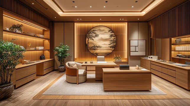 A modern office with a minimalist enquiry section, featuring warm wood accents and soft colors.