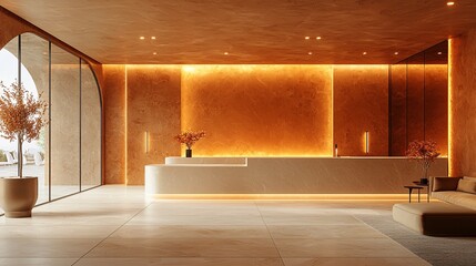 A warm-toned minimalist reception area with modern furniture and soft lighting.