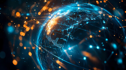 Close-up of a digital globe with active data points and flowing information in an impressionistic style,. Impressionistic. Illustration