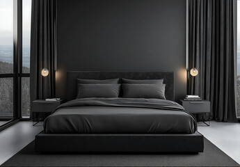 Modern bedroom with a monochromatic black color scheme, featuring a large black bed, matching curtains, and soft lighting. A minimalist and luxurious interior design