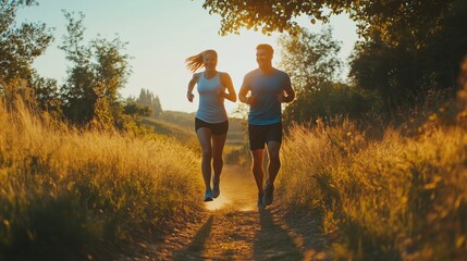Happy athletic couple having fun while running together in nature. Copy space.
