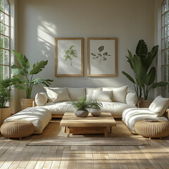 Modern living room interior with comfortable sofa, contemporary furniture, and stylish decor