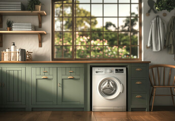 Bright laundry room with a green cabinet and a washing machine under a large window, offering views of a blooming garden