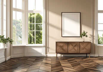 Spacious living room with an empty poster frame mock-up above a wooden sideboard, illuminated by natural light from large windows. Elegant wooden flooring and minimalist decor