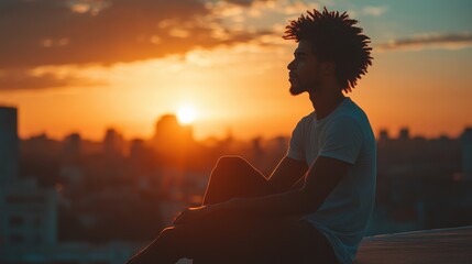 Contemplative African American Man in 20s Sitting on Rooftop at Sunset, Reflecting on Solitude and Mental Health Introspection