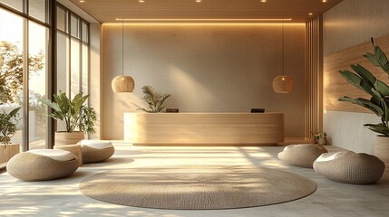 A bright and cozy minimalist reception area with warm lighting and natural materials.