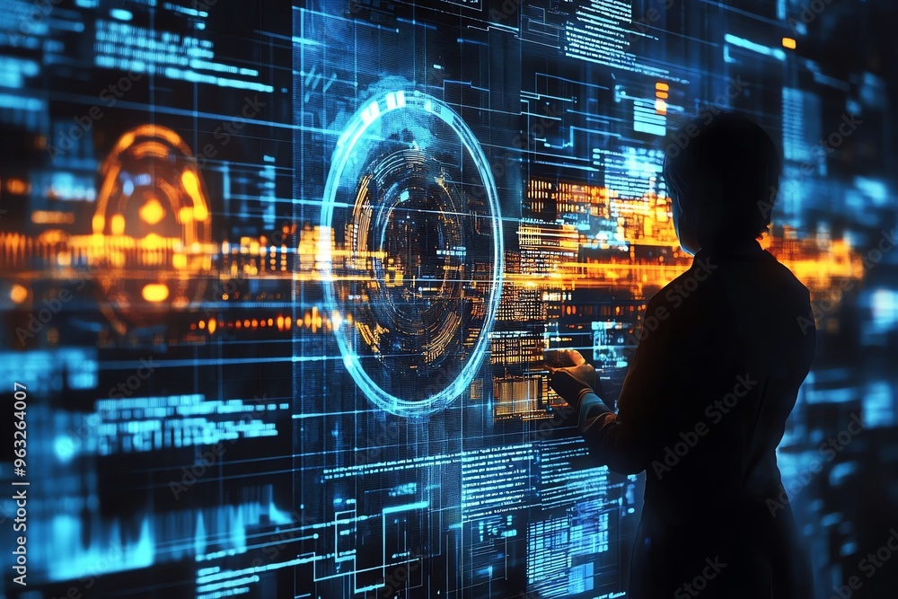 Aufkleber silhouette of a person in front of a futuristic interface.