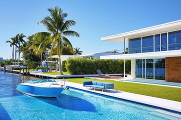 Fototapeta premium Sparkling Pool Retreat in a Modern Sophisticated Home - Generative Ai. Beautiful simple AI generated image