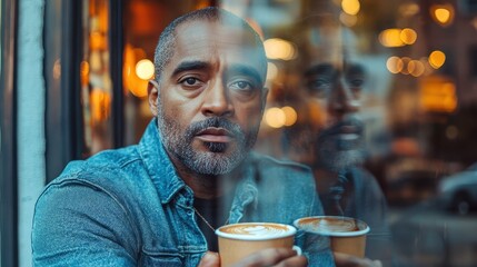 Contemplative African American Man in 40s Holding Coffee Cup, Reflecting on Mental Health While Staring out Coffee Shop Window