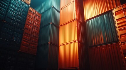 Fototapeta premium Stacked shipping containers with blue and orange light shining on them.