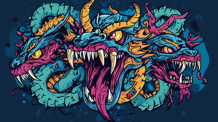 Colorful graffiti-style design of a mythical hydra with multiple heads. Hydra. Illustration