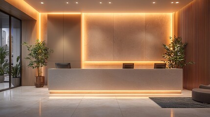 A minimalist office enquiry desk with soft, warm lighting and wooden accents.