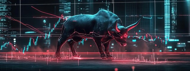 A powerful digital bull representing market growth, set against a futuristic financial backdrop, symbolizing bullish trends.