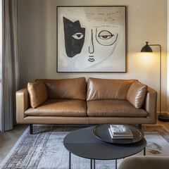 Modern living room featuring a comfortable leather sofa and armchair, with a wooden coffee table and a stylish lamp