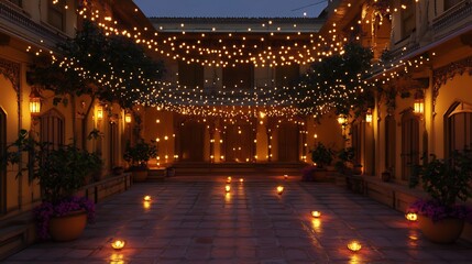 Obraz premium Illuminated Courtyard with String Lights and Lanterns
