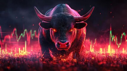 Dramatic digital artwork of a fierce bull symbolizing market strength, with vibrant colors and stock charts in the background.