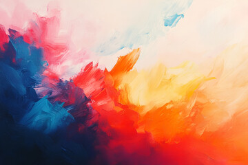 Abstract colorful brush strokes on white background, creating a vibrant and dynamic visual with shades of red, orange, yellow, blue.