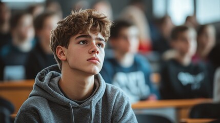 Fototapeta premium Portrait of Anxiety: Teenage Boy Struggling with Mental Health in Academic Environment