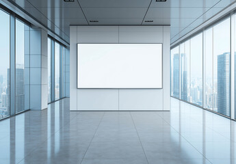Empty office hallways with a large poster frame / monitor mock-up on the wall