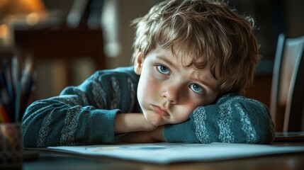 Contemplative Young Boy Drawing at Desk, Illustrating Mental Health Effects of Overexertion in Males