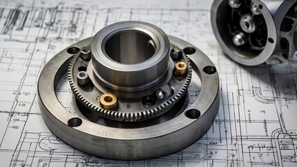 Detailed technician drawings of mechanical engineering parts, emphasizing precision, intricate measurements, and practical application in industrial projects, captured in a close-up view to highlight 