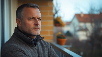 Contemplative Middle-Aged Man Reflecting on Balcony: Mental Health Introspection and Midlife Challenges Concept
