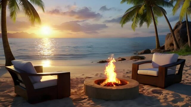 A bonfire on the beach at sunset. Seamless 4K looping timelapse video animation background