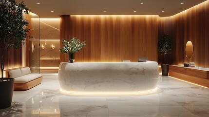 A simple yet elegant minimalist enquiry desk, surrounded by warm-toned wood and soft lighting.