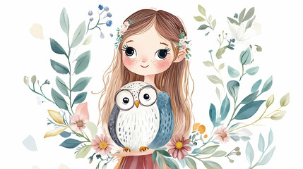 Obraz premium Cute hand drawn fairy with owl in floral wreath, flowers bouquet, woodland watercolor illustration. Fairy. Illustration