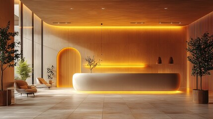 A modern, minimalist reception area with warm, golden lighting and stylish furniture.
