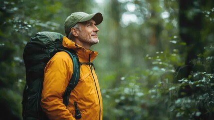 Obraz premium Finding Serenity: Middle-Aged Man Walking in Forest for Nature Therapy Mental Health Benefits
