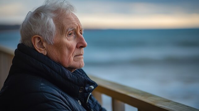 Contemplative Elderly Man by the Ocean: Mental Health Reflection and Peaceful Solitude in Old Age