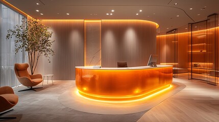 A contemporary office with a minimalist enquiry section, bathed in soft, warm light.