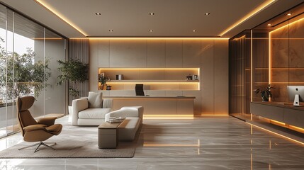 A contemporary office with a minimalist enquiry section, bathed in soft, warm light.
