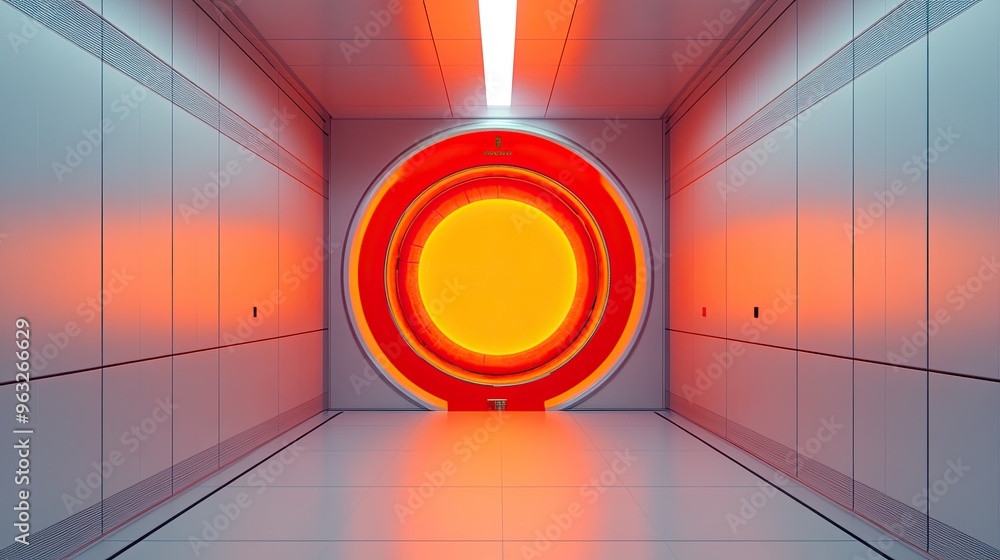 Poster a futuristic corridor with vibrant circular patterns and glowing lighting, creating a surreal and ca