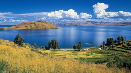 Obraz premium Tranquility at Lake Titicaca: Serene High-Altitude Waters on the Peru-Bolivia Border