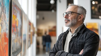 Fototapeta premium Contemplative Middle-Aged Man Finding Peace in Art: Mental Health Benefits of Artistic Engagement
