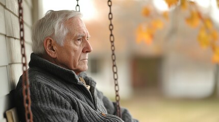 Serene Reflections: Elderly Man Contemplating on Porch Swing Symbolizing Mental Health in Old Age