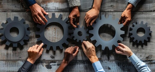 Hands of diverse people connecting gears on a wooden table. Teamwork, collaboration, and synergy concept.