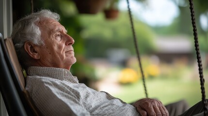 Serene Reflections - Elderly Man Lost in Thought on Porch Swing
