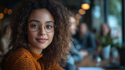 Woman with Curly Hair and Glasses Looking Away in Cafe