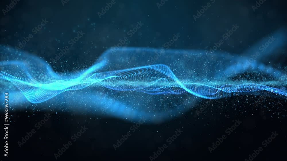 Poster futuristic video animation with wave object and glitter particles in motion, 4096x2304 loop 4k