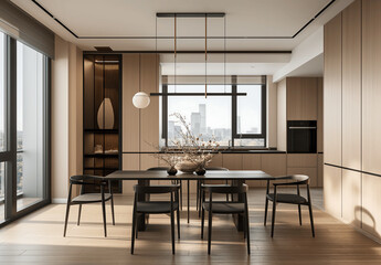 Sophisticated dining area with a modern aesthetic, featuring black chairs, light wooden cabinets, and large windows offering city views, creating a warm and elegant space