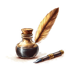 Vintage Ink Bottle and Quill Pen Illustration, Calligraphy Art Print, Antique Writing Tools Artwork, Nostalgic Desk Decor