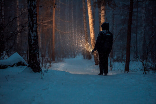 a man with a flashlight in his hand walks among the trees, illuminating his way at night