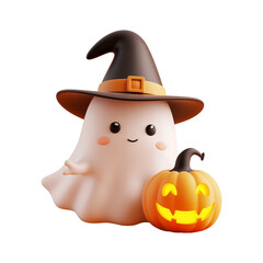 halloween pumpkin with ghost wears a witch hat
